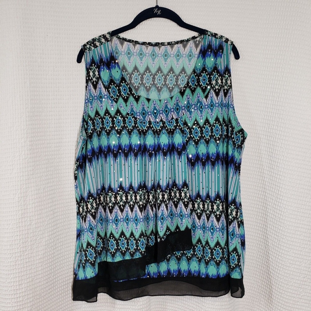 Roz & Ali Top Womens 1X Blue Green Geometric Sequin Sleeveless Faux Wrap Blouse